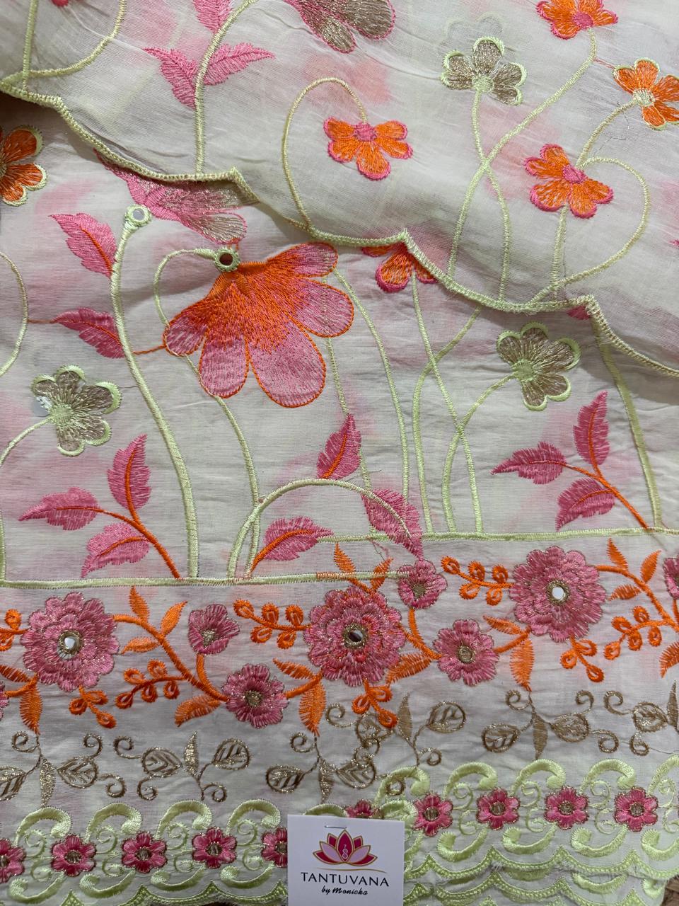 Cream Cotton Kameez Hem Close-Up – Orange & Pink Multicolour Floral Garden Embroidery with Mirror Work & Scallop Zari Border	