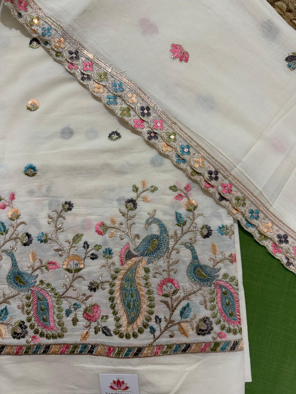 Cream Cotton Kameez Hem Close-Up – Teal Peacock & Multicolour Floral Embroidery with Sequin Scallop Border & Green Bottom