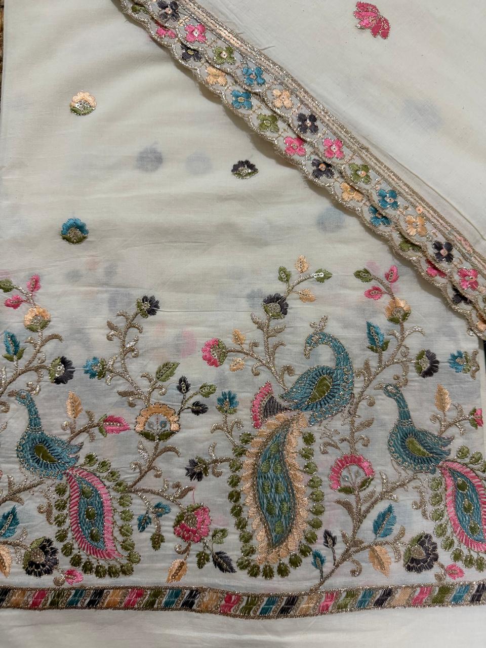 Cream Cotton Kameez Hem Embroidery Close-Up – Teal Peacock, Paisley & Multicolour Floral with Sequin Zari Border Detail