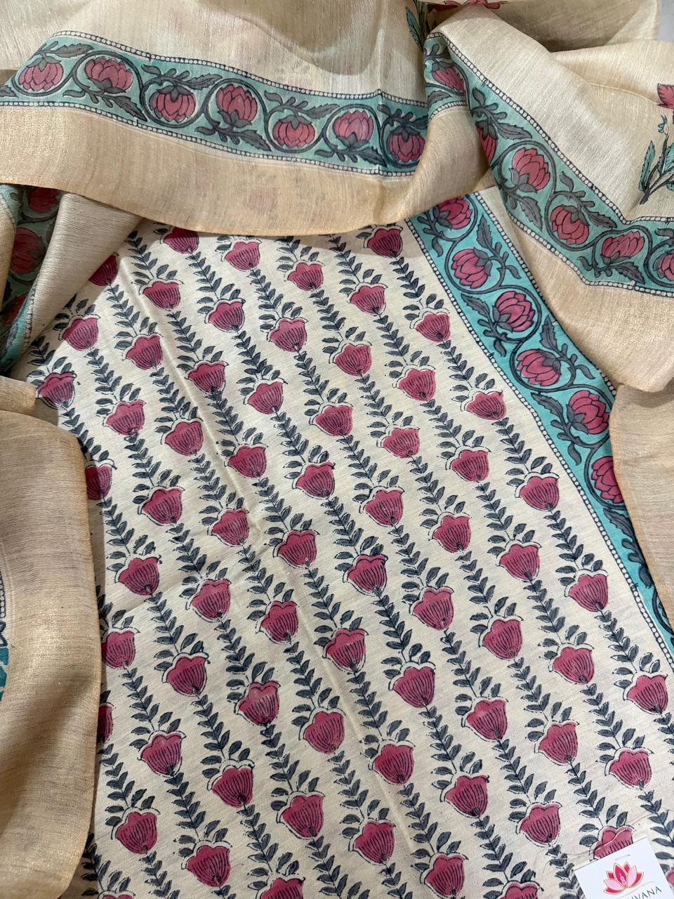 White Cotton Kameez Close-Up – Pink Tulip Buta Block Print with Teal Lotus Border & Beige Munga Silk Dupatta
