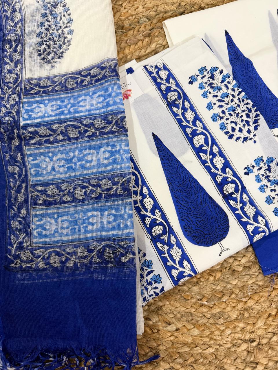 White & Blue Block Print Cotton Kameez & Kota Doria Dupatta Side-by-Side – Cypress Motif & Floral Print Detail
