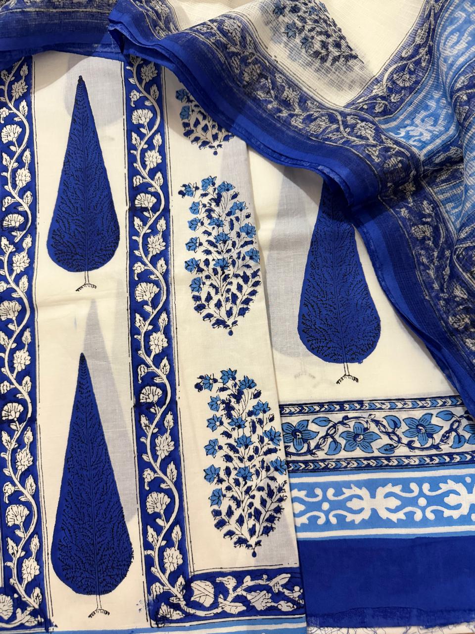 White Cotton Kameez Fabric Close-Up – Blue Cypress & Floral Block Print with Kota Doria Dupatta Border Detail
