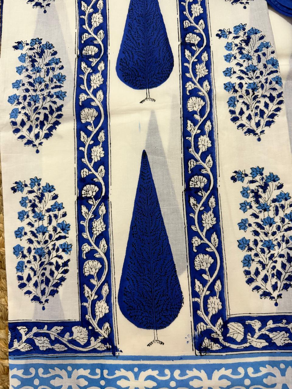 White & Blue Block Print Cotton Kameez Fabric Detail – Blue Cypress Motif & Floral Buta with Vine Border Close-Up