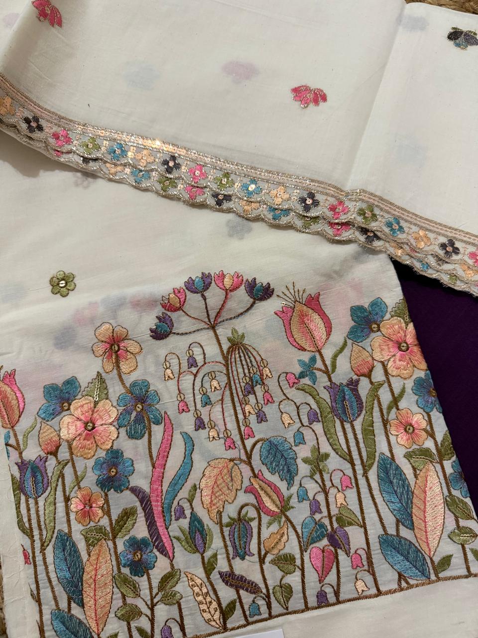Cream Cotton Kameez Embroidery Close-Up – Multicolour Tulip, Bluebell & Floral Garden with Sequin Scallop Dupatta Border