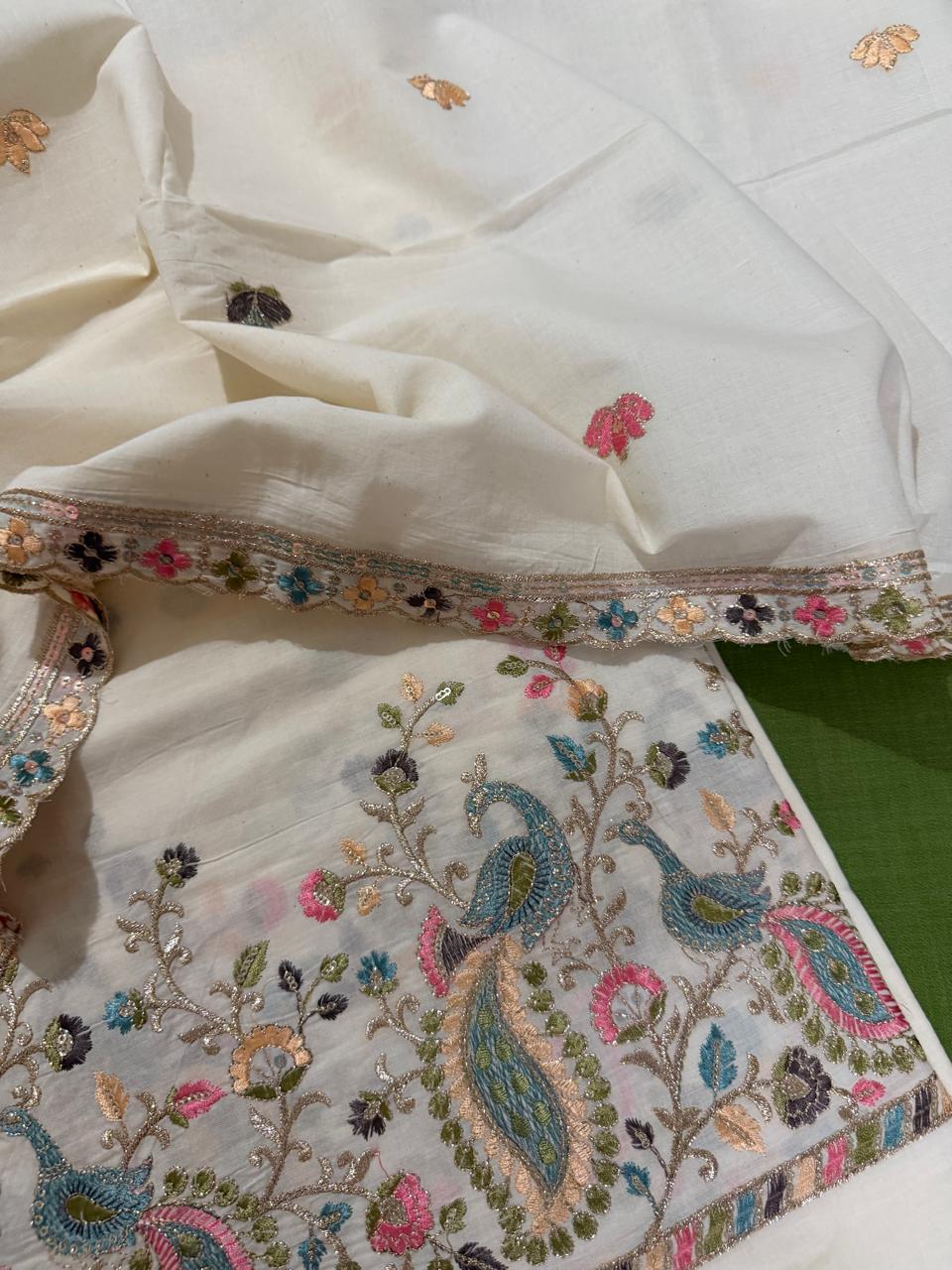 Cream Cotton Kameez Embroidery Detail – Teal Peacock & Multicolour Floral Motif with Sequin Scallop Dupatta Border & Green Bottom	