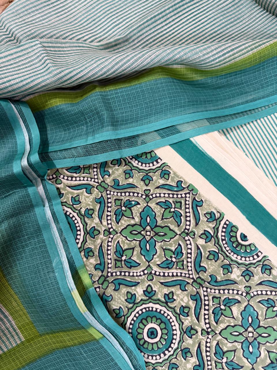Hues of Green Cotton Suit Fabric Close-Up – Teal Medallion Block Print Kameez with Kota Doria Dupatta Detail