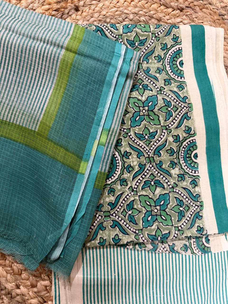 Hues of Green Cotton 3-Piece Suit Set Folded Flat Lay – Teal Medallion Print Kameez, Stripe Bottom & Kota Doria Dupatta