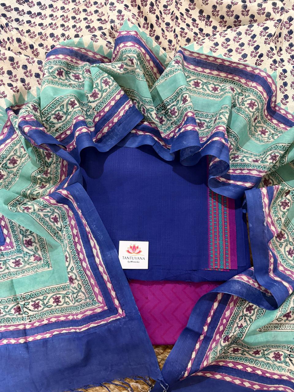 Overhead Flat Lay – Royal Blue Handloom Cotton Kurta, White Floral Print Kurta Fabric & Teal Chanderi Silk Dupatta | 3-Pc Unstitched Suit | House of Tantuvana