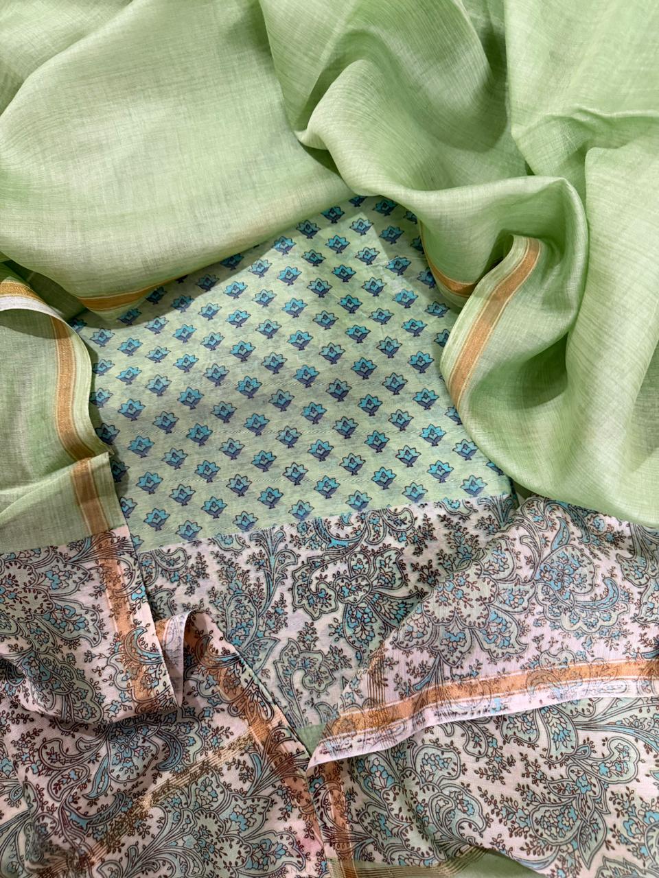 Sage Green Chanderi Silk 3-Pc Unstitched Suit Set – Booti Print Kurta, Sage Salwar & Paisley Border Dupatta | Flat Lay | House of Tantuvana