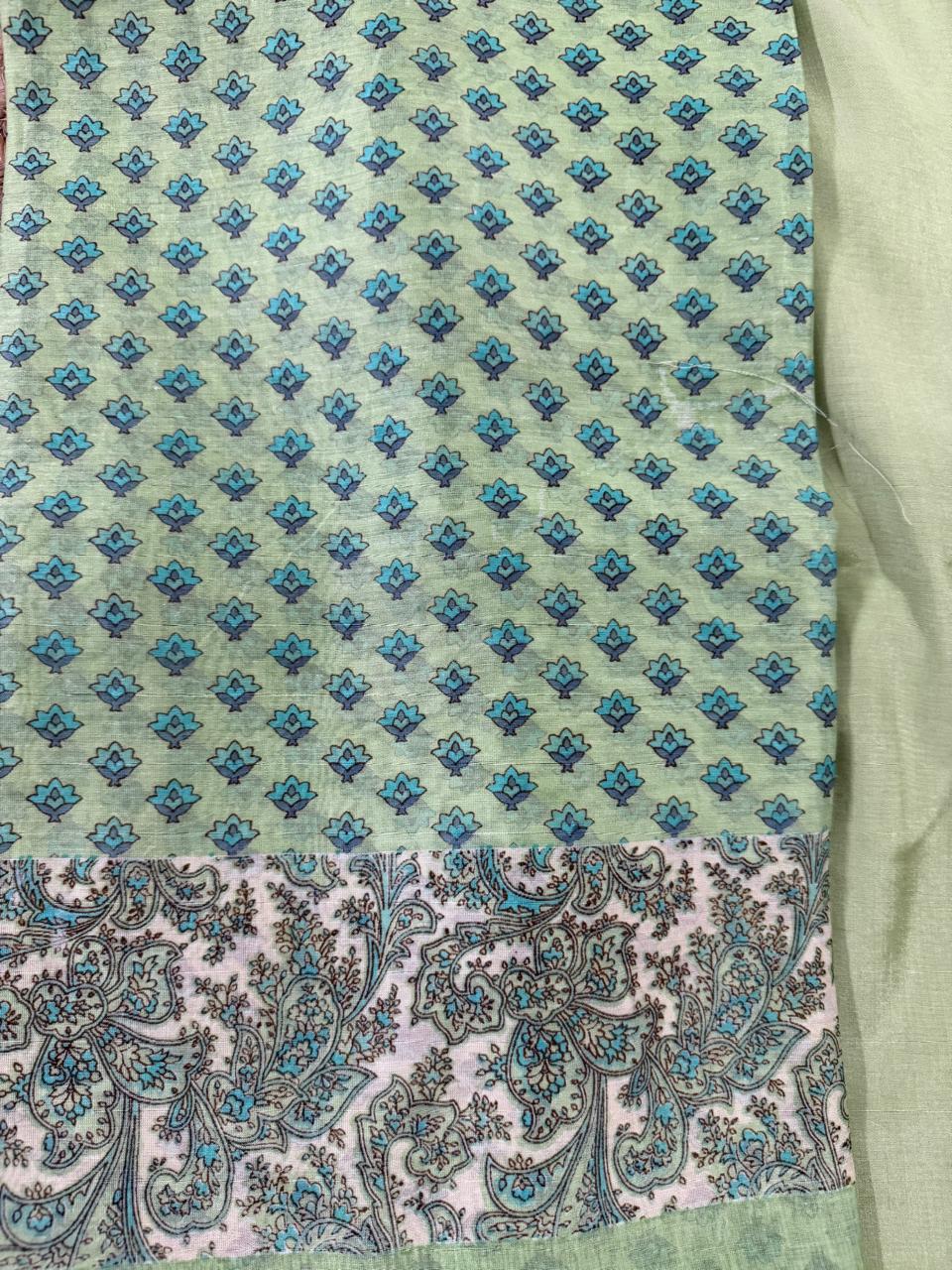 Close-Up of Sage Green Chanderi Silk Kurta Fabric – All-Over Blue Lotus Booti Print with Paisley Border Detail | House of Tantuvana