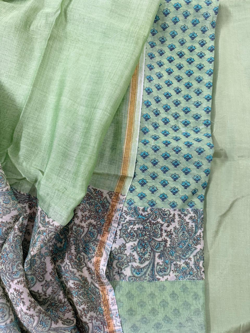 Angled Flat Lay – Sage Green Chanderi Dupatta with Gold Zari Border, Booti Print Kurta & Paisley Border Fabric | 3-Pc Unstitched Set | House of Tantuvana