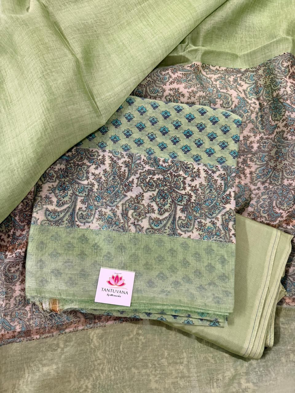 Folded Sage Green Chanderi Silk 3-Pc Unstitched Suit Set with Booti Print Kurta & Paisley Dupatta – Tantuvana Label | House of Tantuvana
