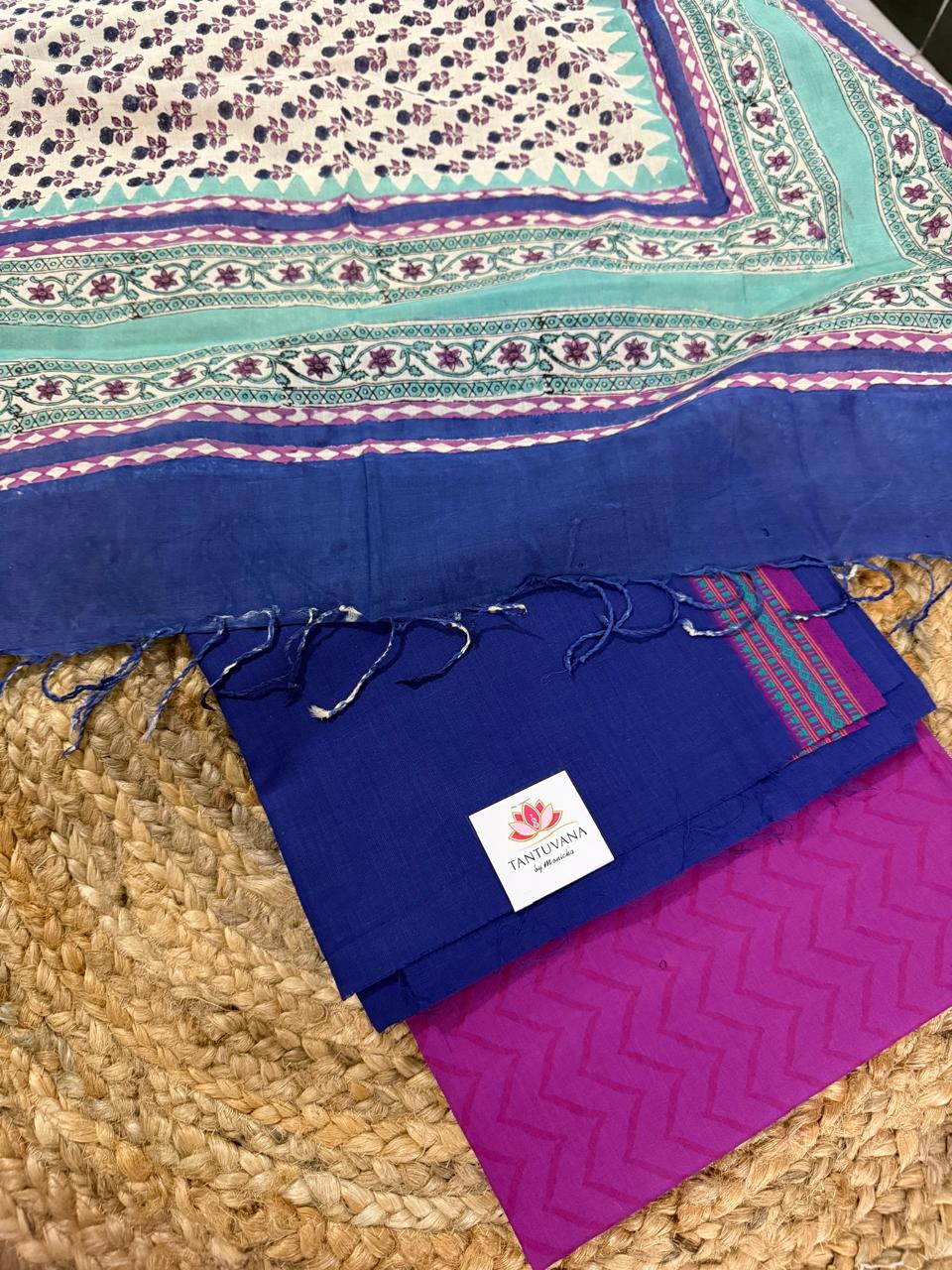 Flat Lay on Jute – Royal Blue Handloom Kurta with Tassels & Woven Border, Teal Chanderi Dupatta & Purple Salwar | 3-Pc Set | House of Tantuvana