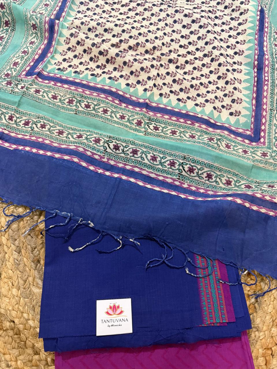 Folded Royal Blue Handloom Cotton Kurta – Teal Chanderi Silk Dupatta with All-Over Floral Print & Purple Salwar | 3-Pc Unstitched Suit | House of Tantuvana