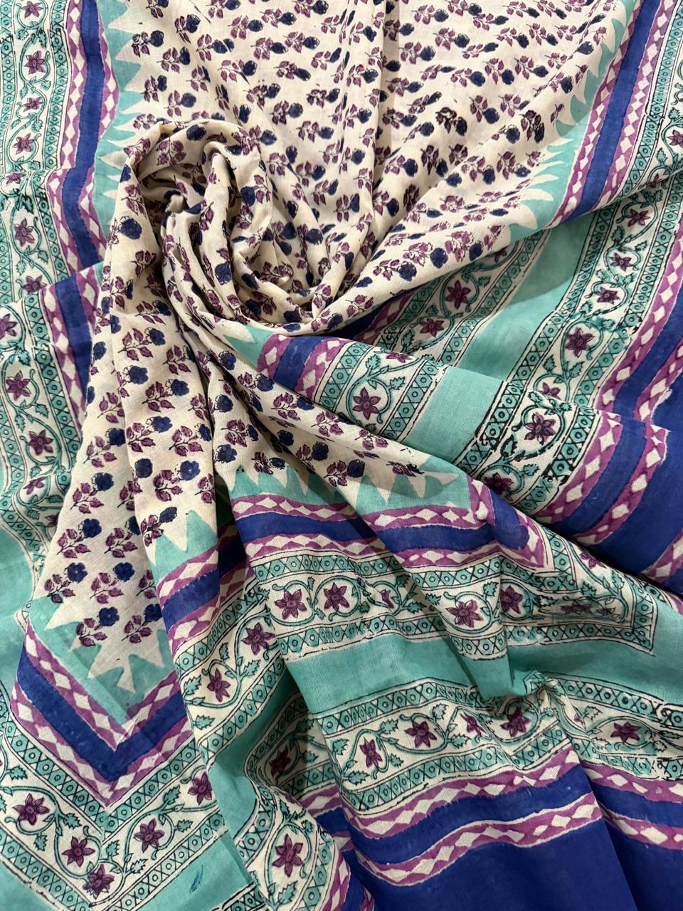 Folded Royal Blue Handloom Cotton Kurta – Teal Chanderi Silk Dupatta with All-Over Floral Print & Purple Salwar | 3-Pc Unstitched Suit | House of Tantuvana