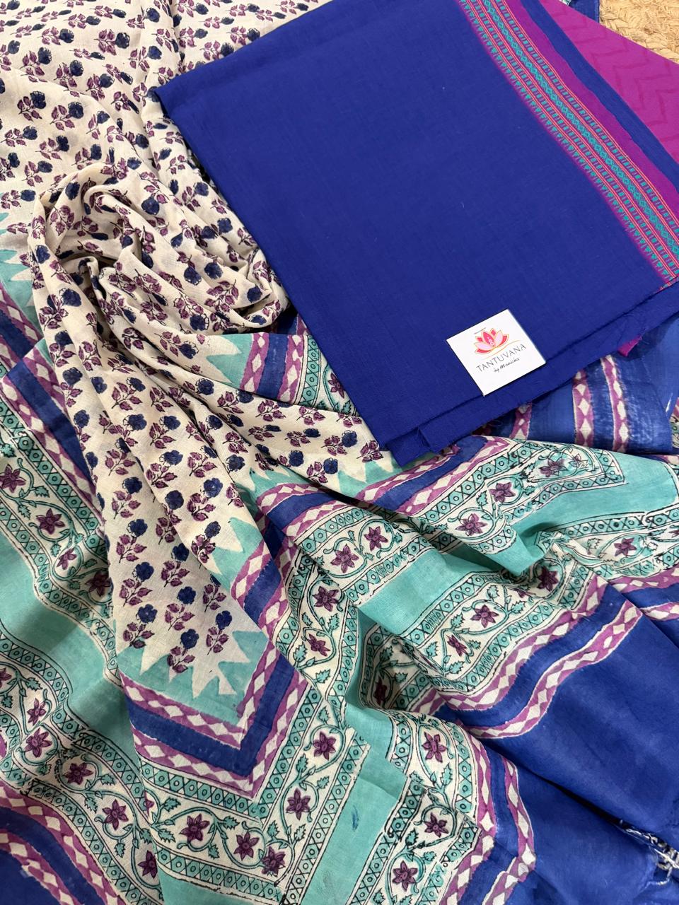 Blue Handloom Cotton & Purple Chanderi Silk 3-Pc Unstitched Suit Set – Full Flat Lay Overview | House of Tantuvana
