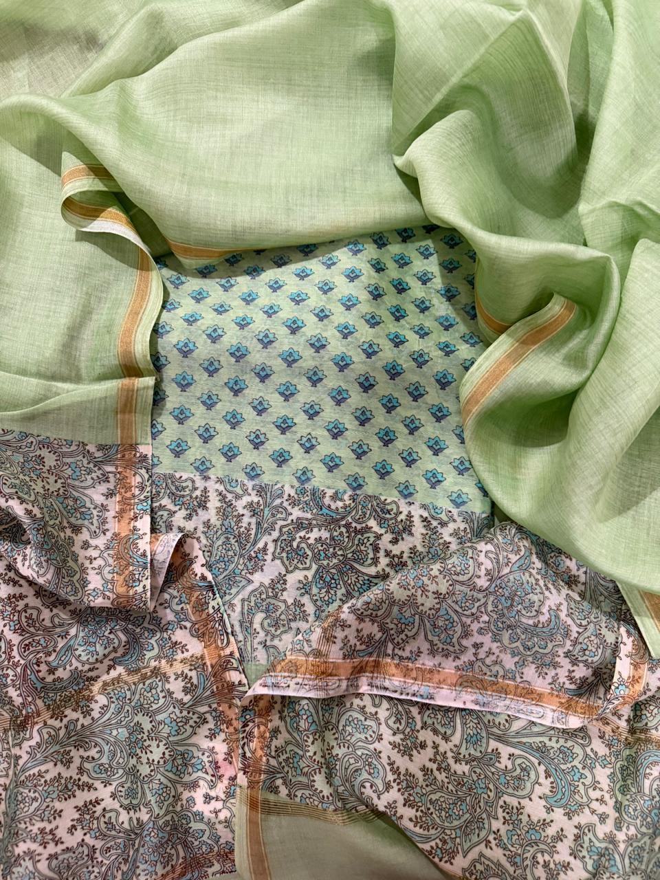 Sage Green Chanderi 3-Pc Unstitched Suit Set – Booti Print Kurta, Gold Zari Border Dupatta & Paisley Fabric Lay | House of Tantuvana
