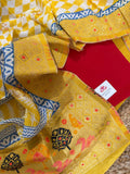 Close-Up of Yellow Dola Silk Dupatta – Gold Bagh Brocade Border with Swan & Tree Motifs over Red Glaze Cotton Kurta | 3-Pc Festive Suit Set | House of Tantuvana