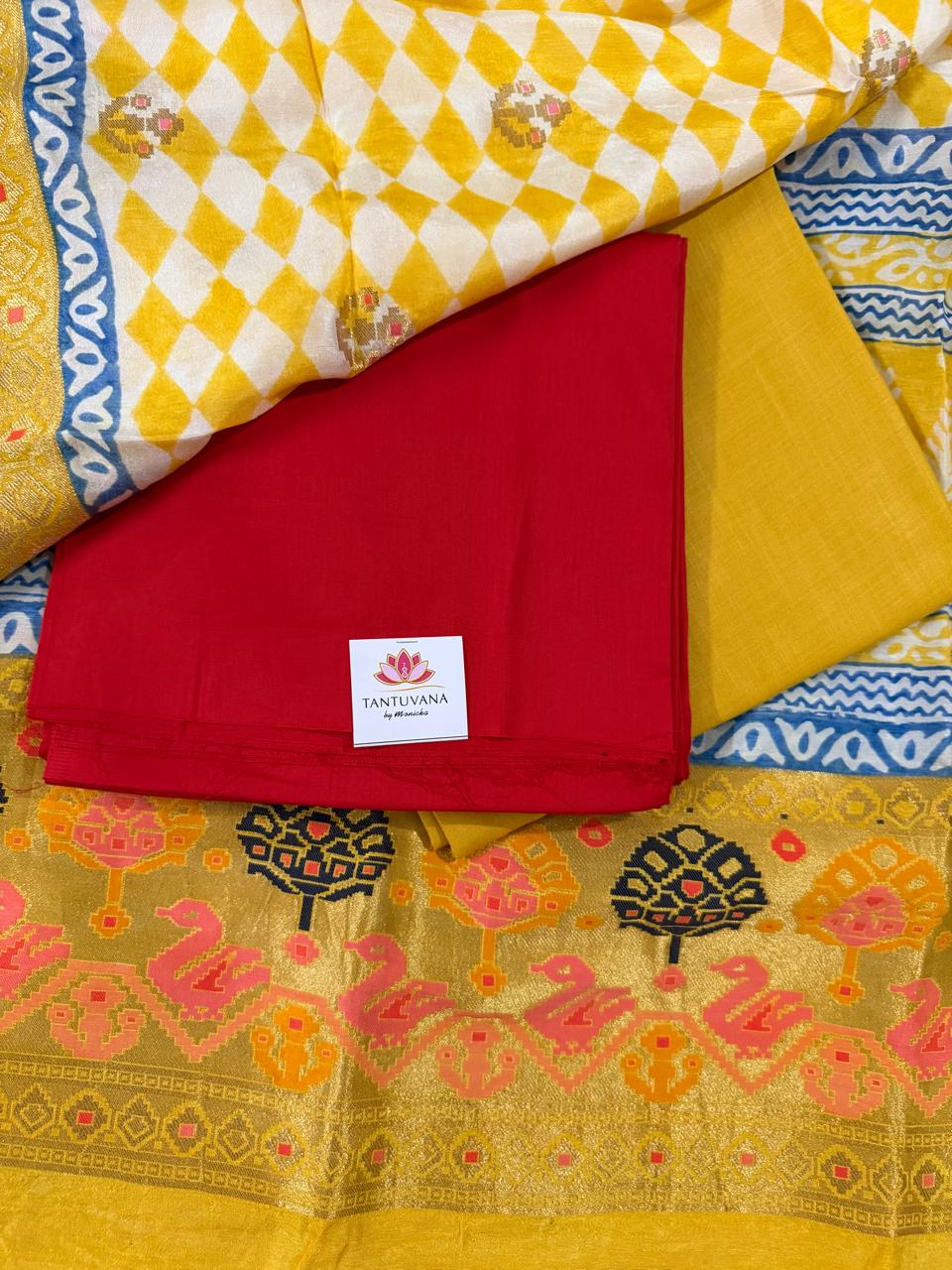 Red & Yellow 3-Pc Festive Unstitched Suit Set – Glaze Cotton Kurta with Dola Silk Brocade Dupatta | Indian Handloom | House of Tantuvana