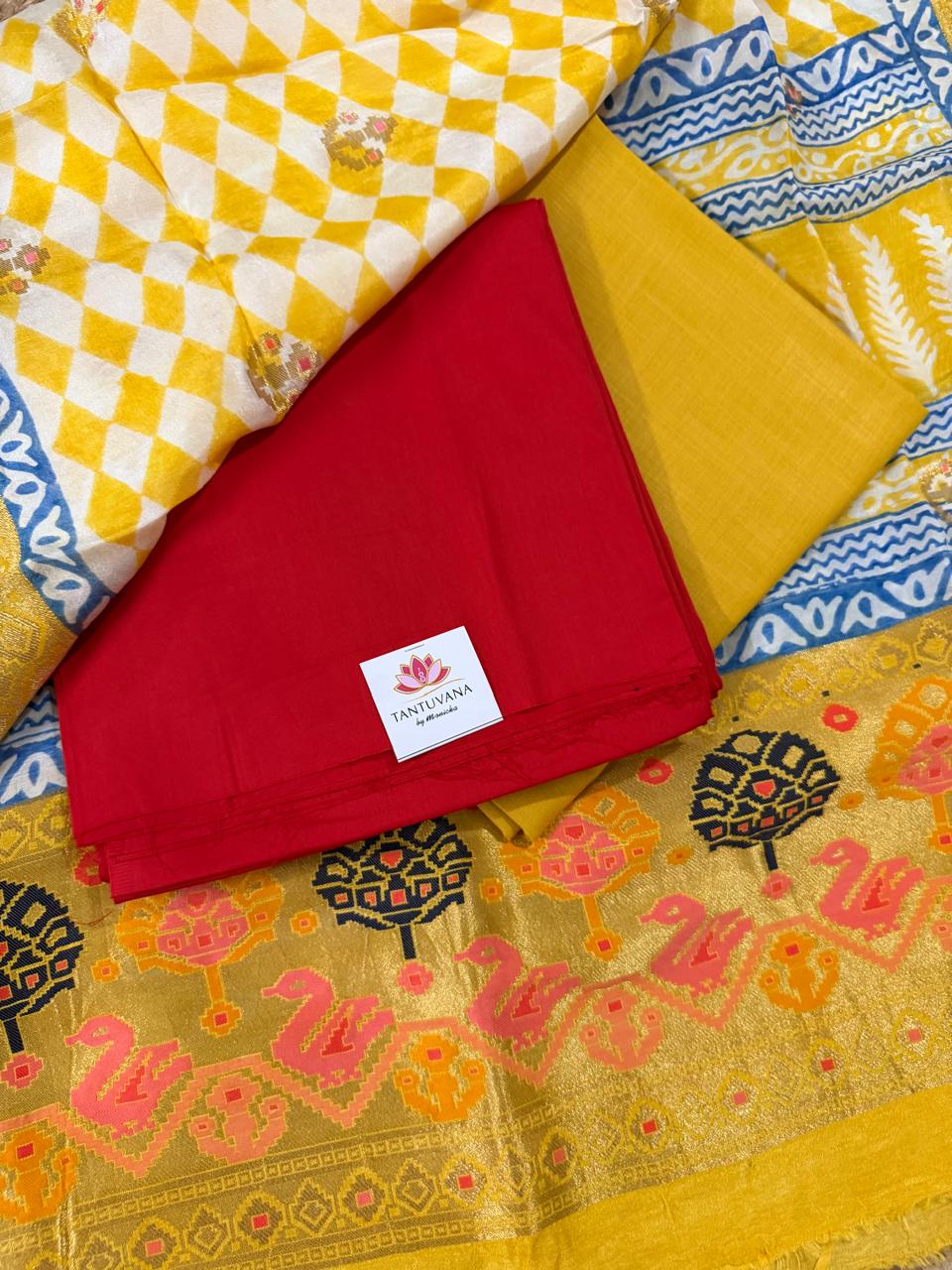 Overhead Flat Lay – Red Glaze Cotton Kurta, Yellow Salwar & Check Print Kurta with Dola Silk Brocade Dupatta | 3-Pc Festive Unstitched Suit | House of Tantuvana