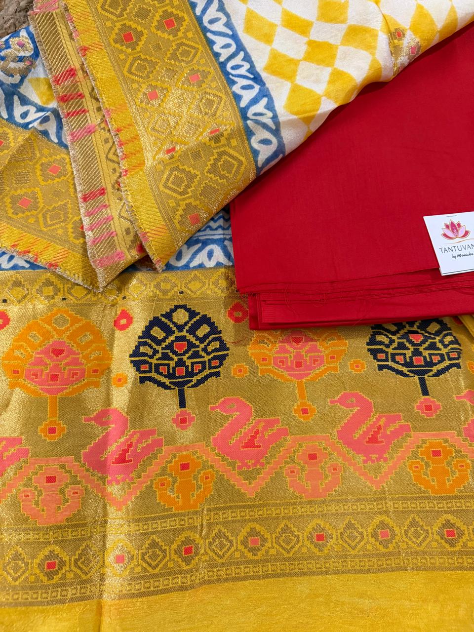 Yellow Dola Silk Dupatta Flat Lay – Multicolour Swan & Kalpa-Vriksha Tree Motifs with Gold Zari Brocade Border | Red & Yellow Festive Suit Set | House of Tantuvana