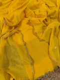 Sunshine Yellow Handwoven Bengal Cotton Unstitched Suit Set on Mannequin – Ganga-Jamuna Zari Border | 2-Pc | House of Tantuvana
