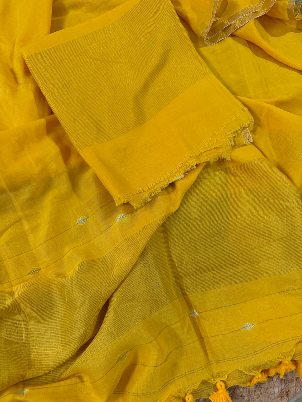 Flat Lay Detail – Sunshine Yellow Bengal Cotton Kurta Fabric with Silver Zari Butis Dupatta & Yellow Tassels | House of Tantuvana