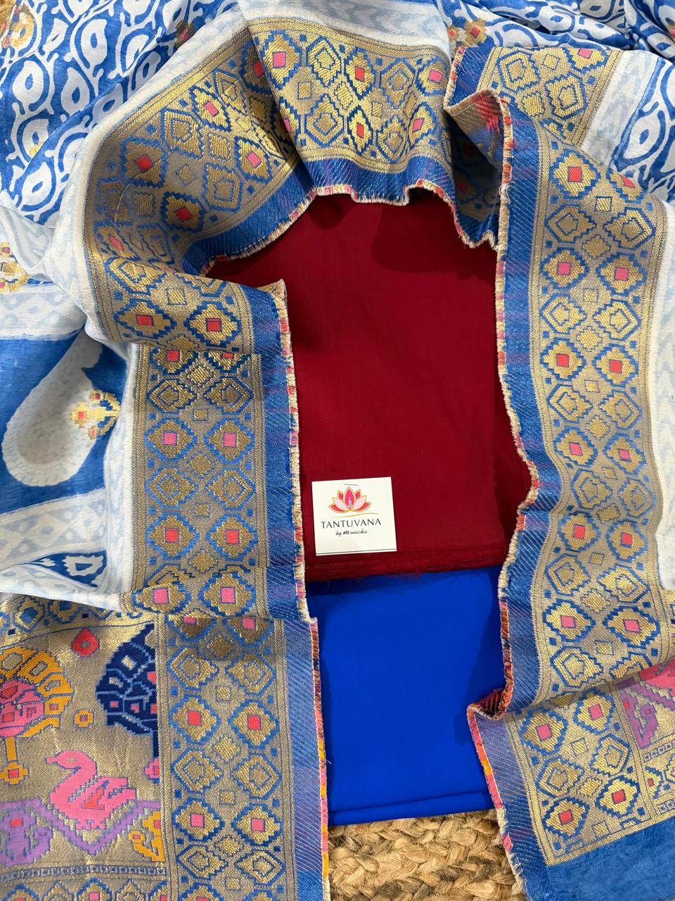 Overhead View – Maroon Glaze Cotton Kurta & Royal Blue Salwar with Dola Silk Woven Dupatta Border | 3-Pc Festive Unstitched Set | House of Tantuvana