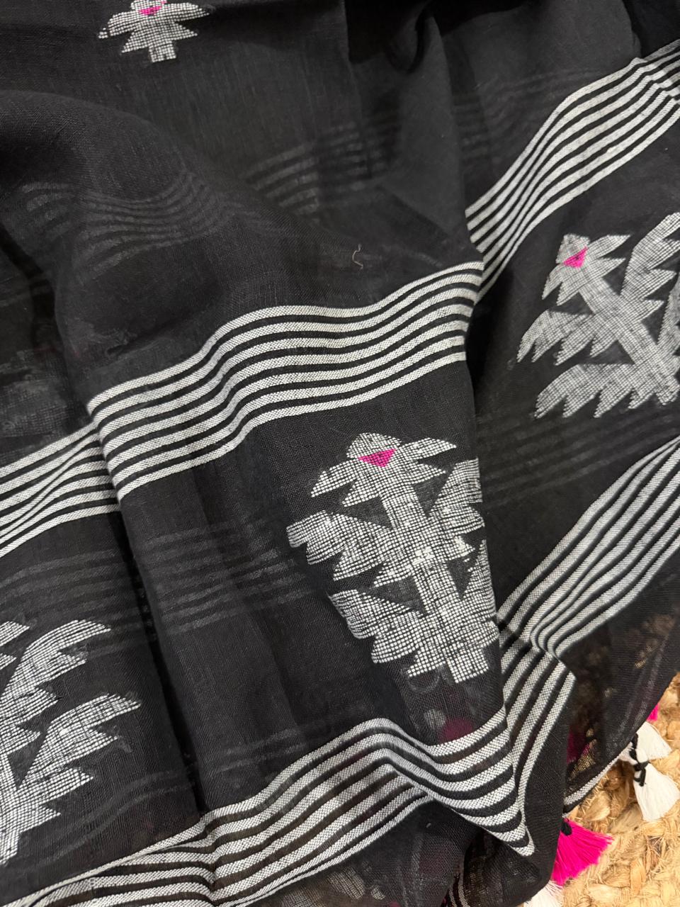 Close-Up of Black Handwoven Linen Kurta Fabric – Jamdani Motif and Woven Stripe Border | 60 Lea Linen Unstitched Suit | House of Tantuvana