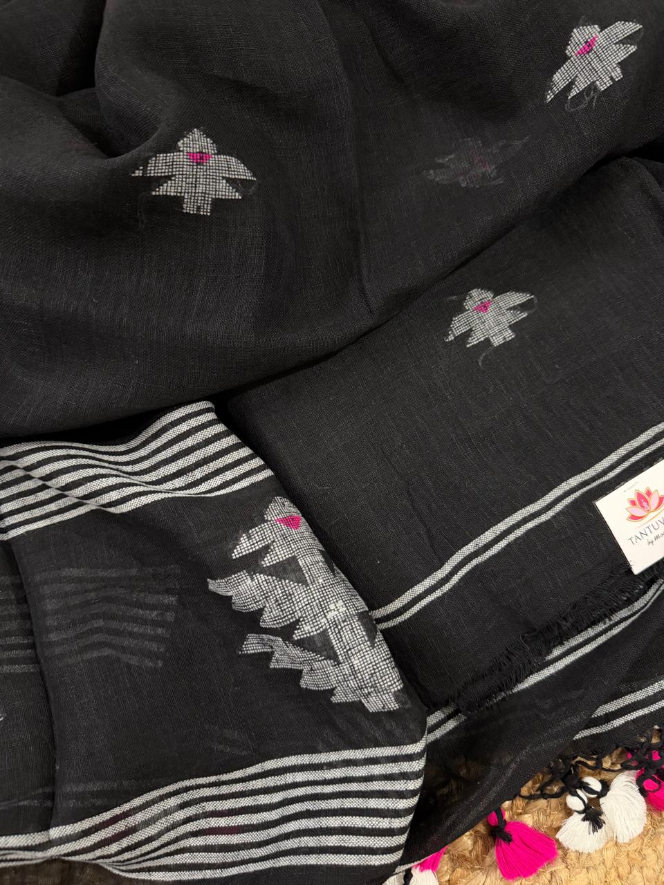 Black Linen Dupatta with Jamdani Woven Motifs and Striped Border – Handloom Unstitched Suit Set | House of Tantuvana
