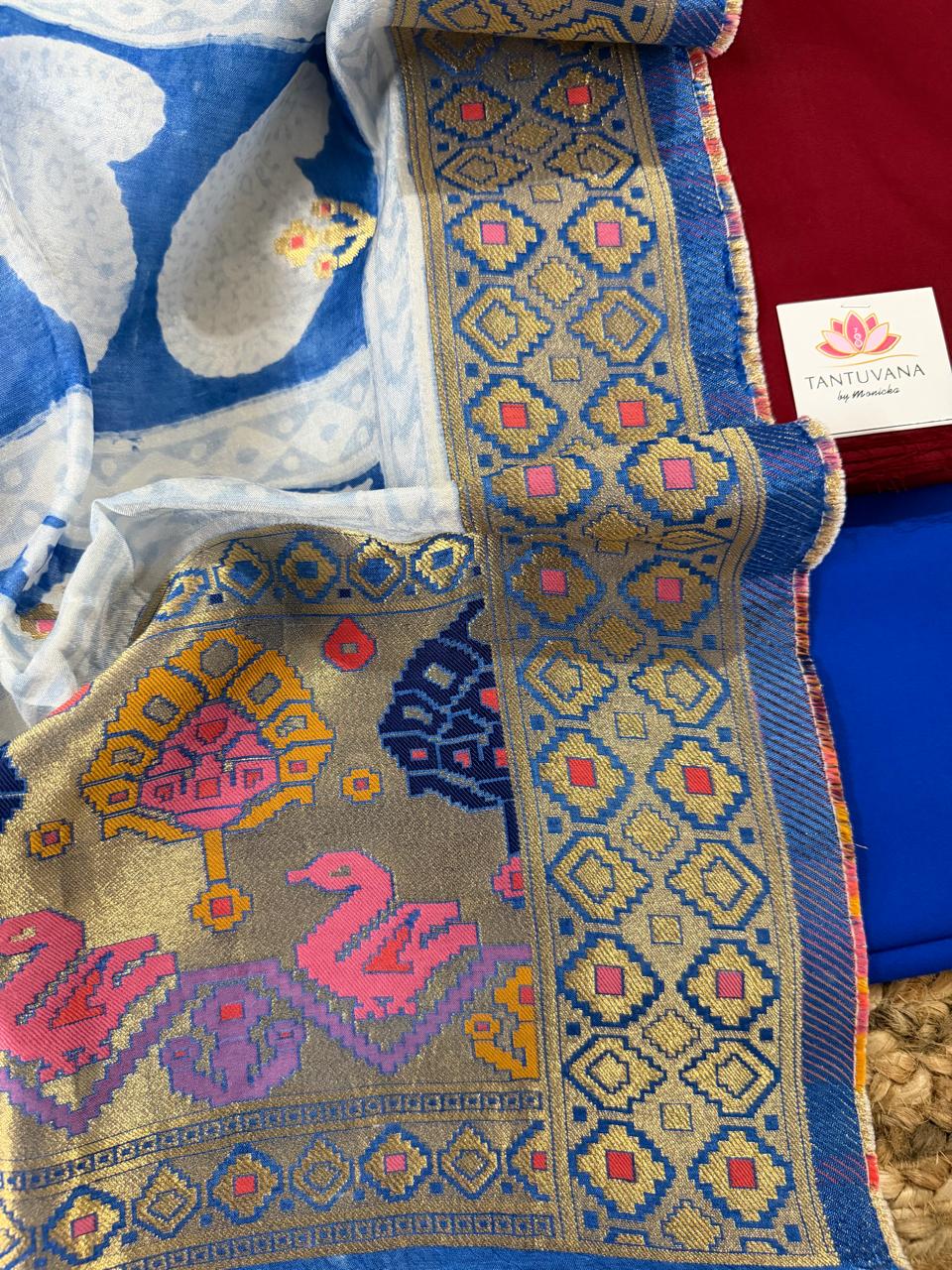 Close-Up of Royal Blue Dola Silk Dupatta with Woven Border – 3-Piece Festive Unstitched Suit Set | House of Tantuvana
