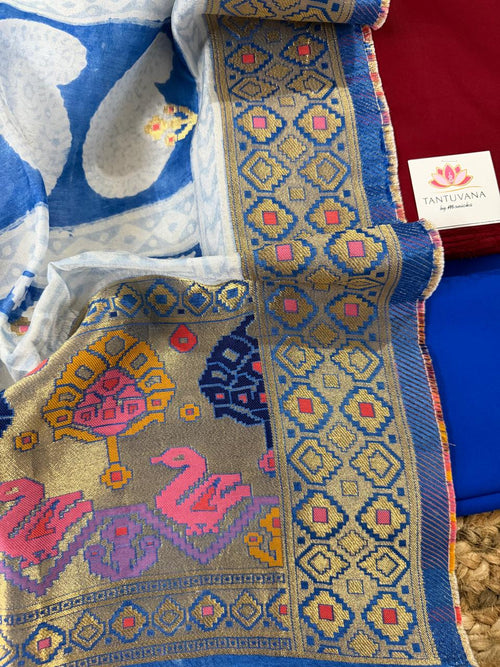 3-Piece Festive Unstitched Suit Set | Maroon Glaze Cotton & Royal Blue Dola Silk