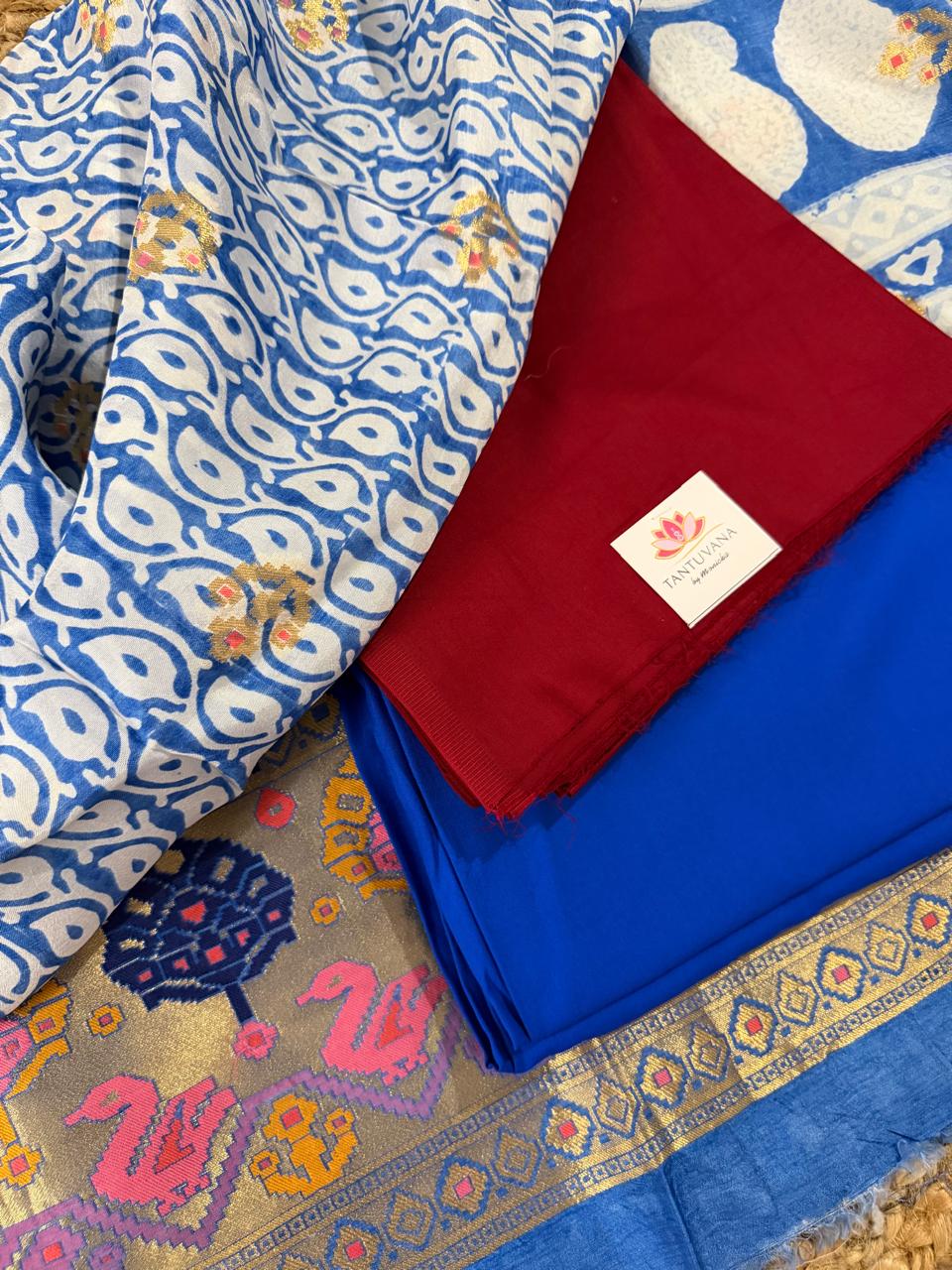 3-Piece Festive Unstitched Suit Set – Maroon Glaze Cotton Kurta, Royal Blue Salwar & Printed Dupatta with Woven Border | House of Tantuvana