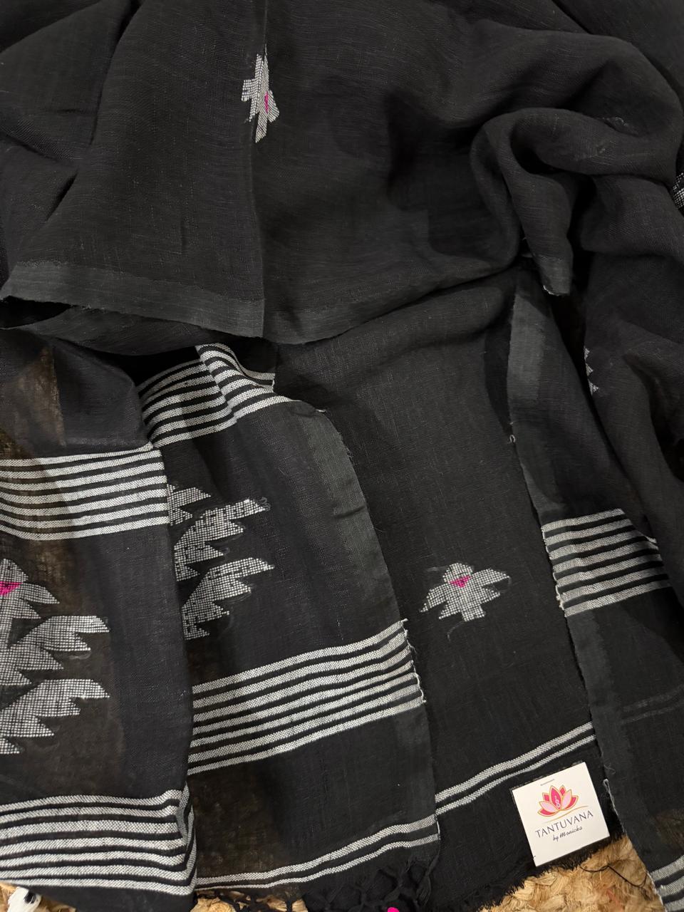 Black Handwoven Linen Unstitched Suit Set – Jamdani Woven Motifs with Striped Border | 2-Pc Kurta Dupatta | House of Tantuvana