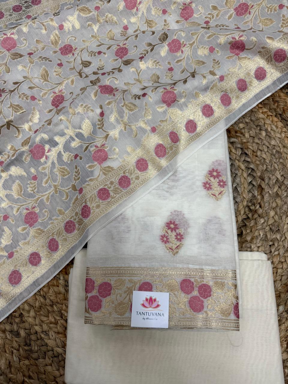 Cream Chanderi silk kurta fabric with pink butti motifs and Banarasi woven dupatta