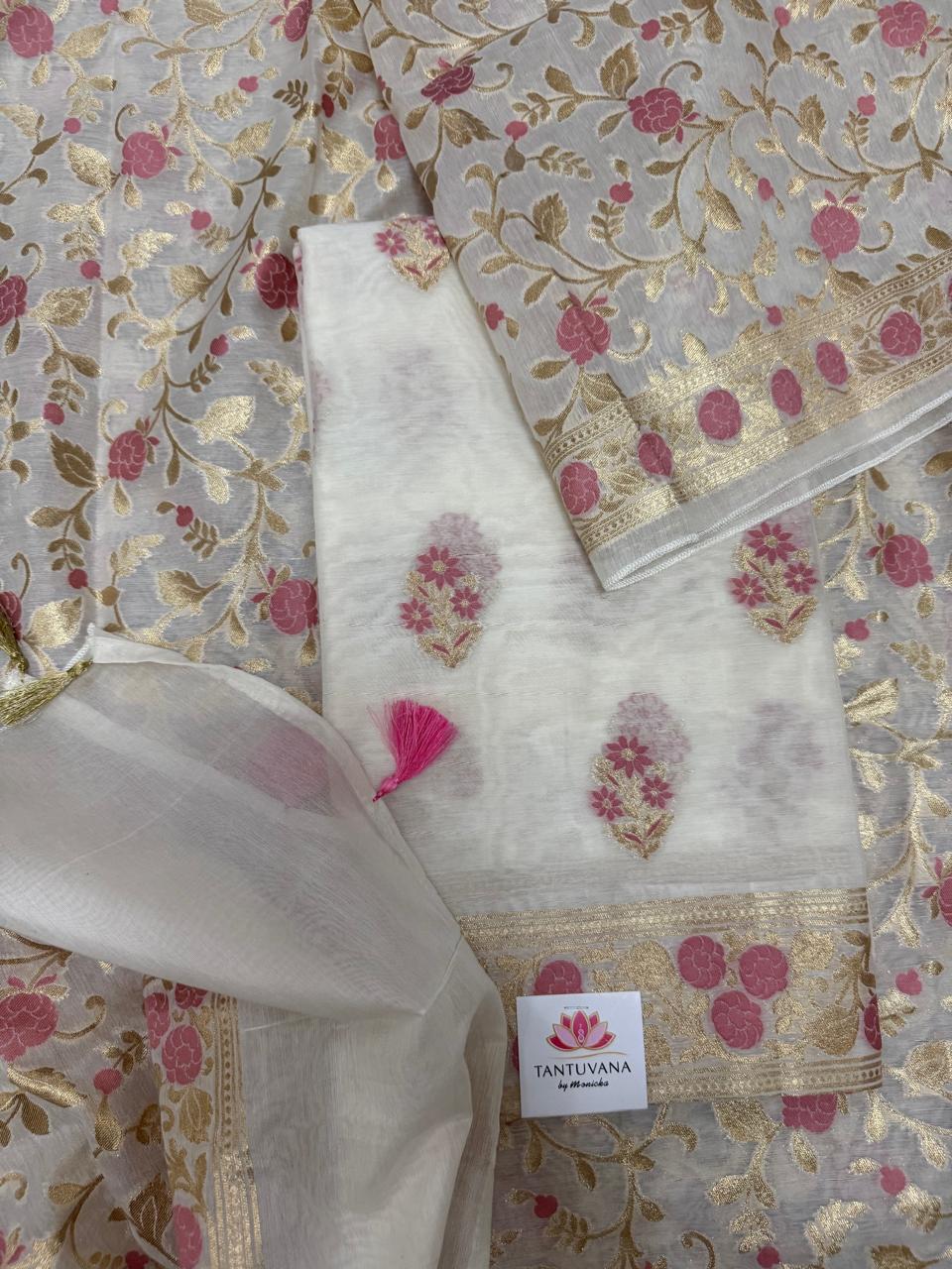 Cream Chanderi silk kurta fabric with pink floral butti and woven dupatta with Banarasi border 