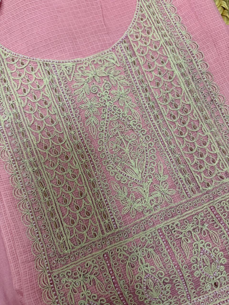 Powder pink Kota kurta fabric – extreme close-up of round neckline with intricate sage green dori embroidery floral and geometric jaal pattern
