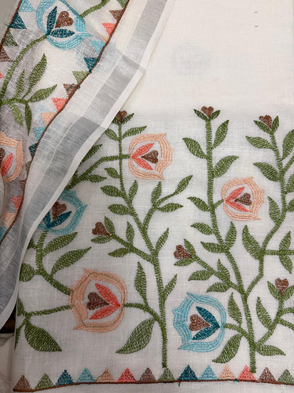 White linen kurta fabric – close-up of multicolour machine embroidered floral vine with peach roses, teal tulips, and olive green leaves, dupatta border detail