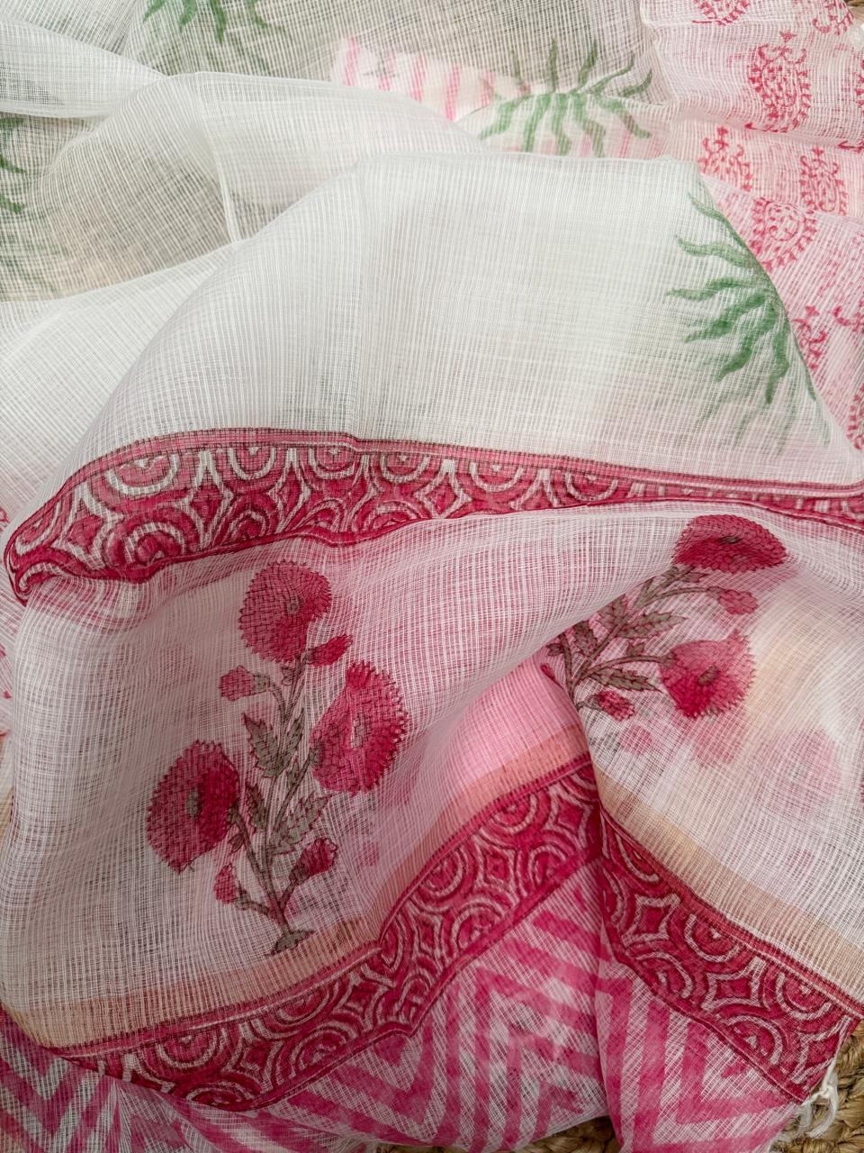 White Kota Doria dupatta – close-up drape showing sheer open weave texture with red dahlia floral bouquet block print and deep red scallop arch border with gold zari selvedge