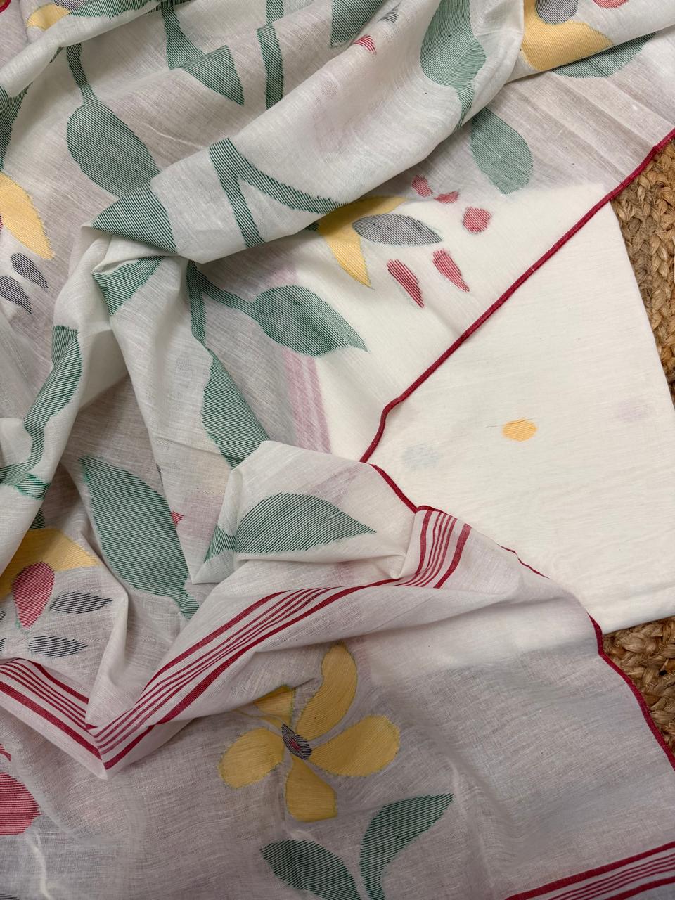 White Bengal Jamdani linen unstitched suit material – close-up of multicolor Jamdani woven polka dot pattern, Indian handloom