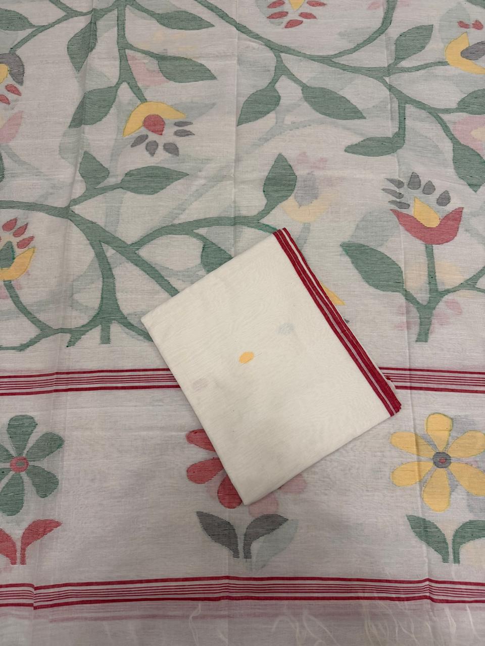 Handwoven Bengal Jamdani Suit Fabric | White & Multicolor Polka Dots | 2-Pc Unstitched Set | Indian Handloom