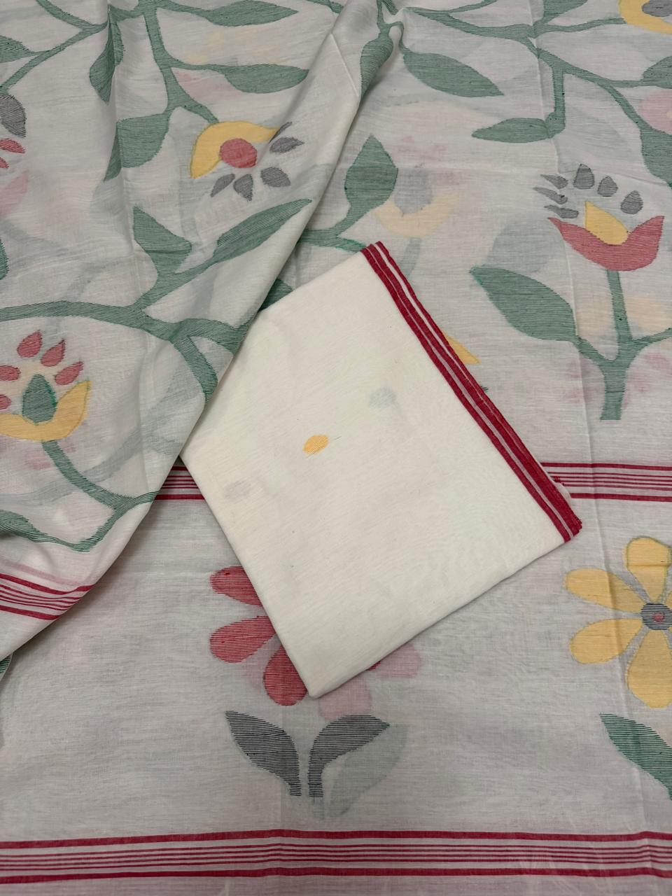 Bengal Jamdani 2-piece unstitched suit in white – multicolor polka dot Jamdani weave, Indian handloom Kurta Dupatta fabric