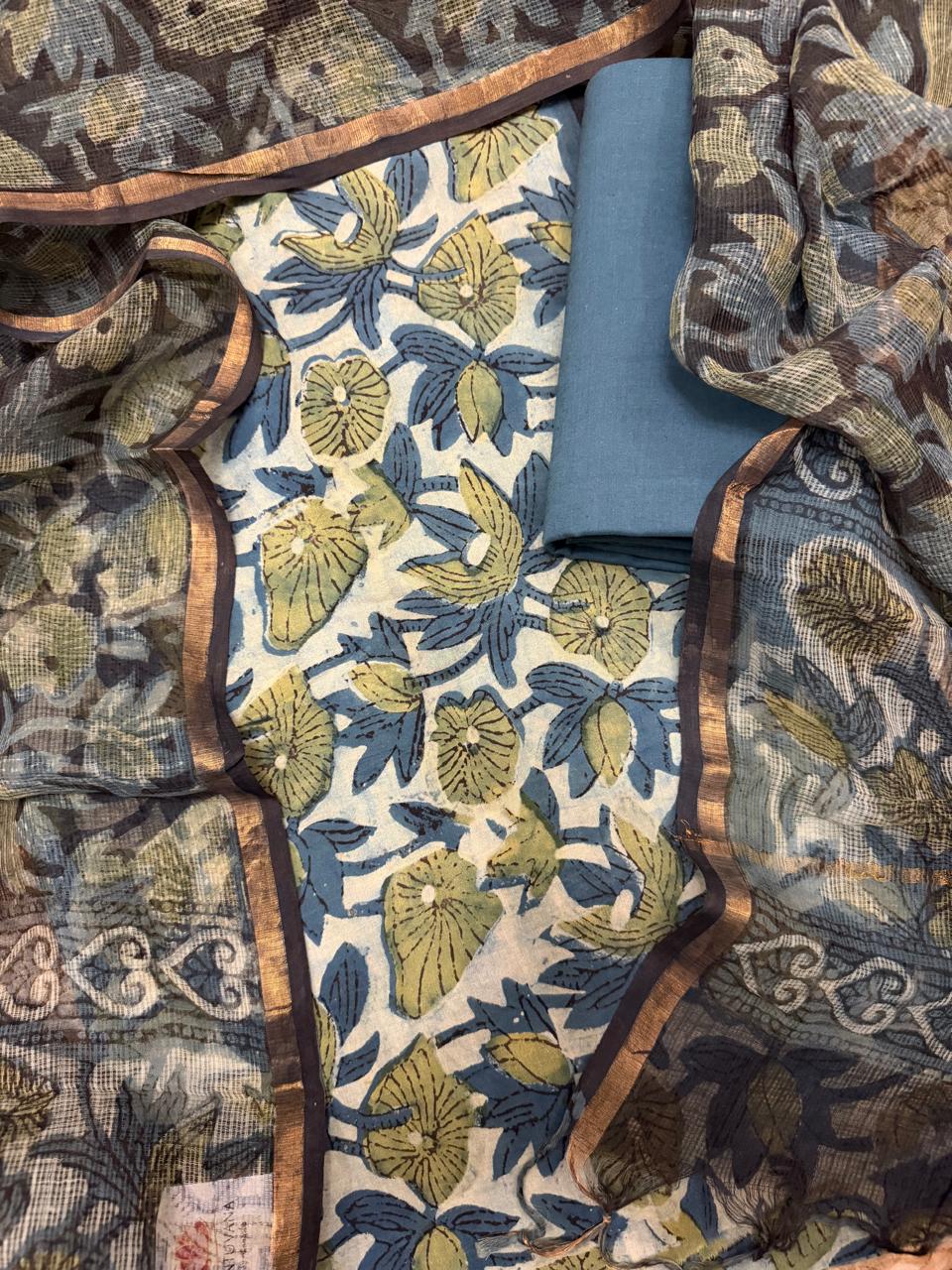 Vanaspati block print cotton unstitched suit in blue and green – close-up of hand block print motifs, Kota Doria dupatta set
