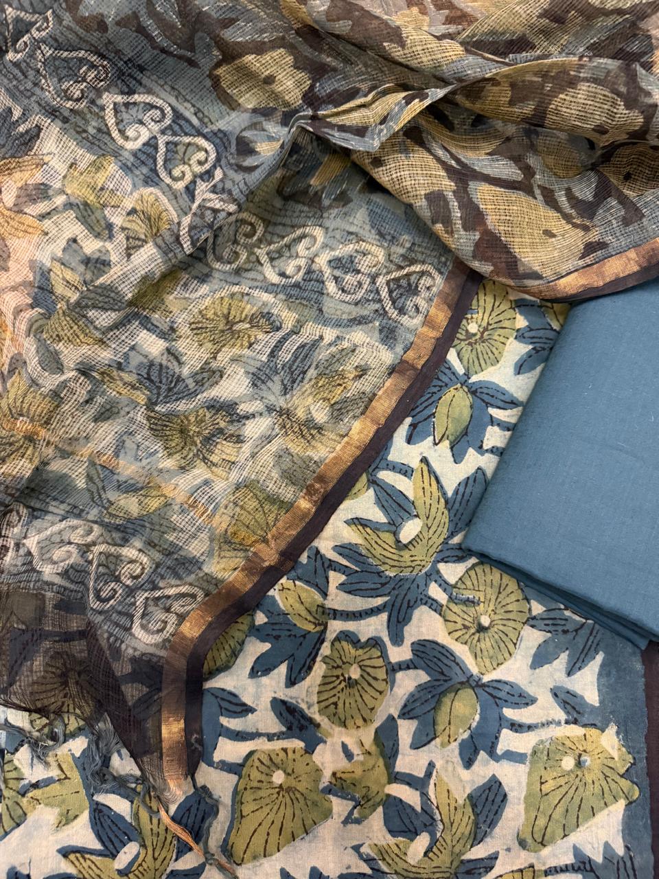 Vanaspati natural dye block print cotton suit material – blue green pattern detail, unstitched 3-piece set with Kota Doria dupatta