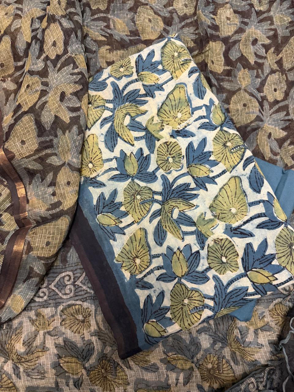 Blue and green Vanaspati block print 3-pc unstitched suit fabric – cotton kurta with Kota Doria dupatta, Indian handcraft