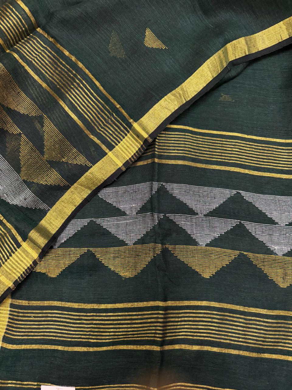 60 Lea linen suit fabric unstitched – deep green with silver and gold Zari inverted triangle pattern, handloom
