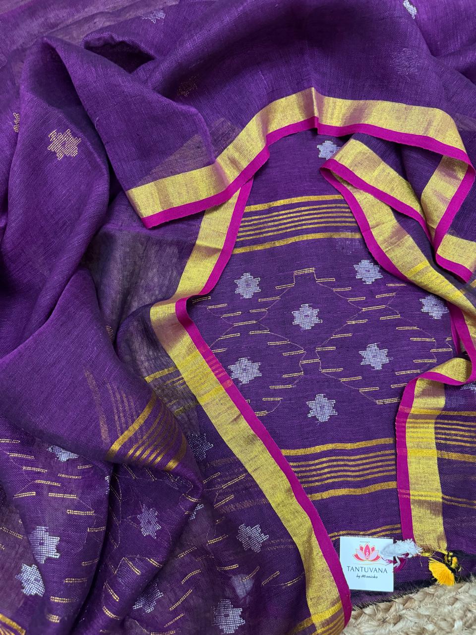 Handwoven 60 Lea Linen Jamdani suit fabric in deep purple – metallic star Zari motifs, Indian handloom 2-pc unstitched