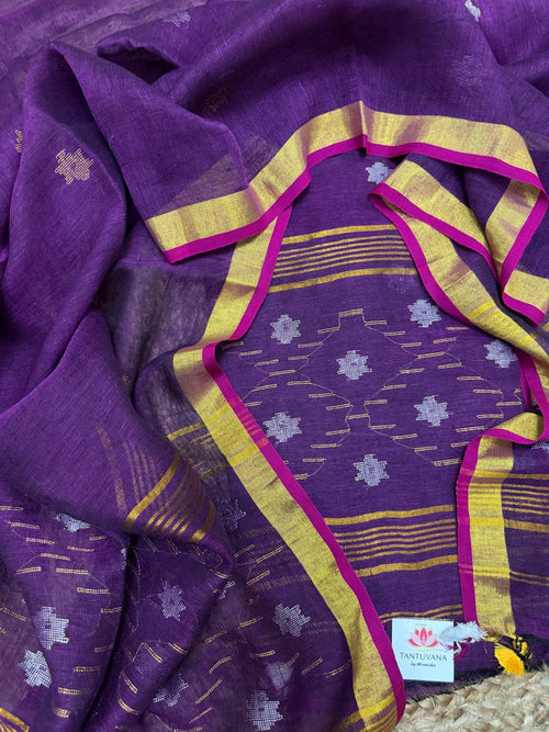 Handwoven 60 Lea Linen Jamdani suit fabric in deep purple – metallic star Zari motifs, Indian handloom 2-pc unstitched