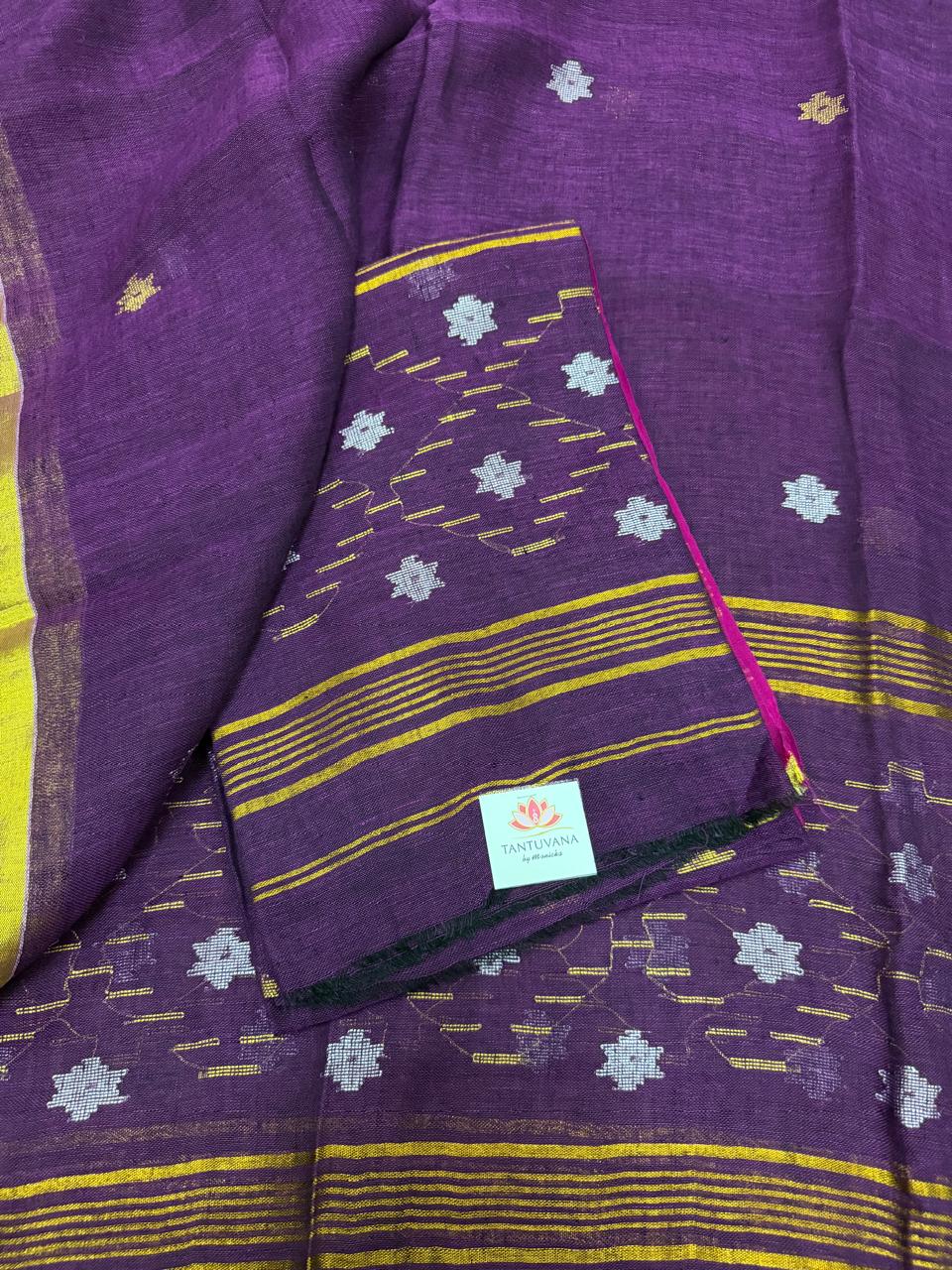 Deep purple Jamdani linen unstitched suit material – close-up of silver and gold star weave, Indian handloom