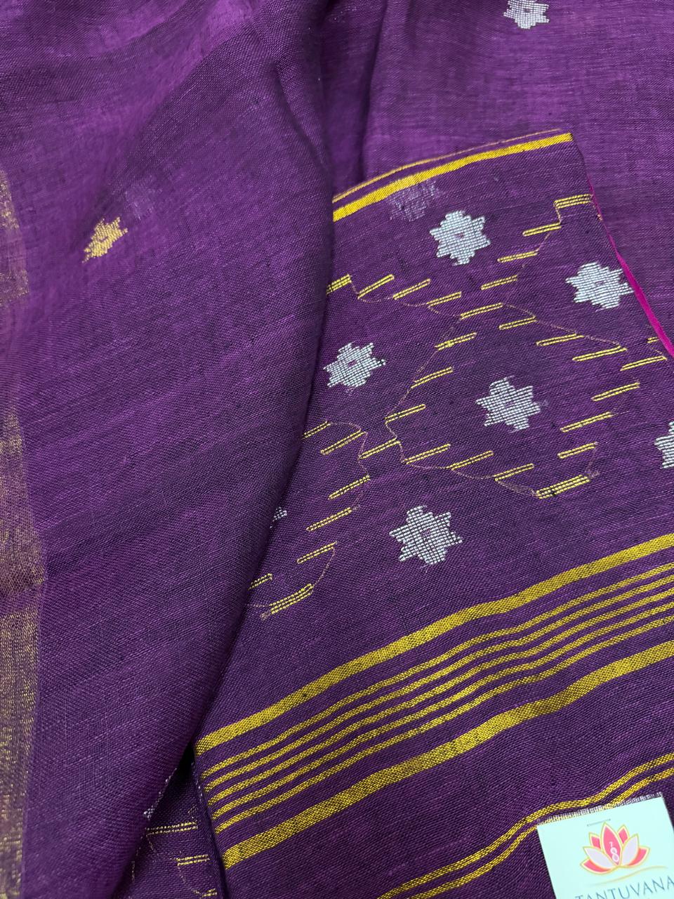 60 Lea Linen Jamdani 2-piece suit fabric – deep purple with woven metallic star motifs and geometric daman border